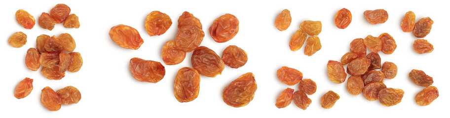 Brown raisin isolated on white background with clipping path. Top view. Flat lay. Set or collection
