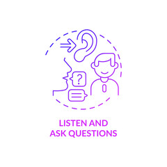 Listen and ask questions purple gradient concept icon. Job interview preparation abstract idea thin line illustration. Answer questions. Give response. Vector isolated outline color drawing - obrazy, fototapety, plakaty
