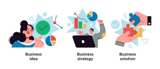 Business plan abstract concept vector illustration set. Business idea, strategy and solution abstract metaphor.