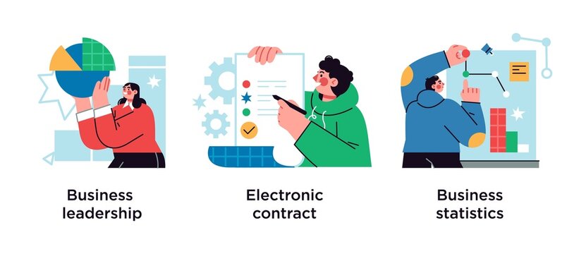Business icons set. Market success, digital paperwork, corporate research. Business leadership, electronic contract, business statistics metaphors.