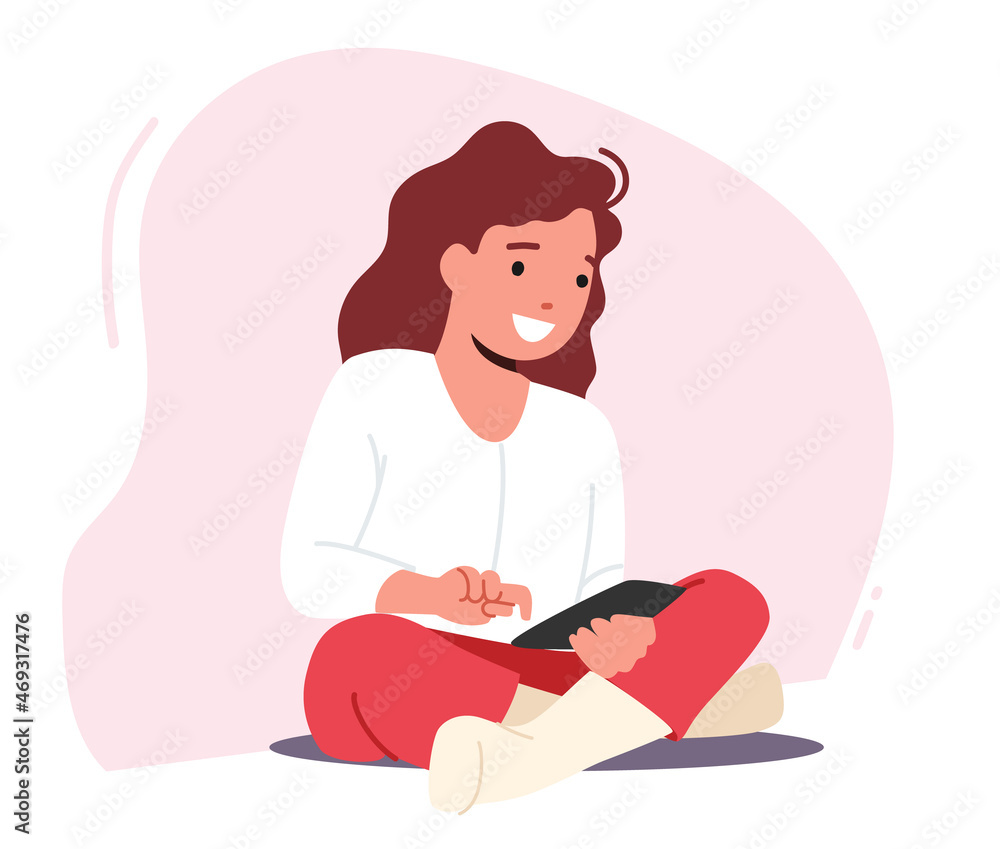 Poster child use gadget concept, kid character with tablet or mobile phone in hand studying online. remote 