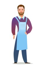 Man craftsman or artist. Guy in apron. Master in workwear. Cheerful person. Standing pose. Cartoon comic style flat design. Single character. Illustration isolated on white background. Vector