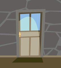Close door. Simple and flat style. Inside view from dark room of the house. Stone wall. Cartoon cute fairy tale design. Image background. Vector