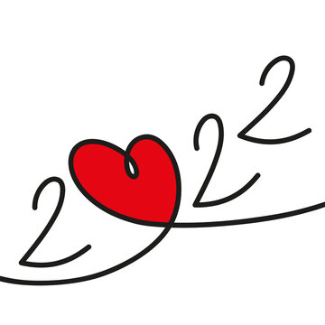 Carte de vœux 2022 sur le concept des rencontres et des relations amoureuses, symbolisé par un dessin au trait, d’un coeur rouge sur fond blanc.