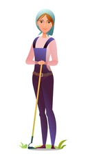 Woman villager farmer in overalls. Girl is an agricultural worker. Cheerful person. Standing pose. Cartoon comic style flat design. Single character. Illustration isolated on white background. Vector