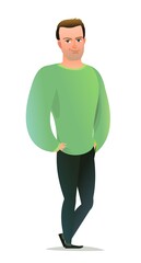 Handsome man in pants and sweater. Cheerful middle aged guy. Cheerful person. Standing pose. Cartoon comic style flat design. Single character. Illustration isolated on white background. Vector