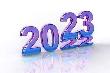 New Year's Eve. Shiny purple and blue lettering 2023 on a white background.