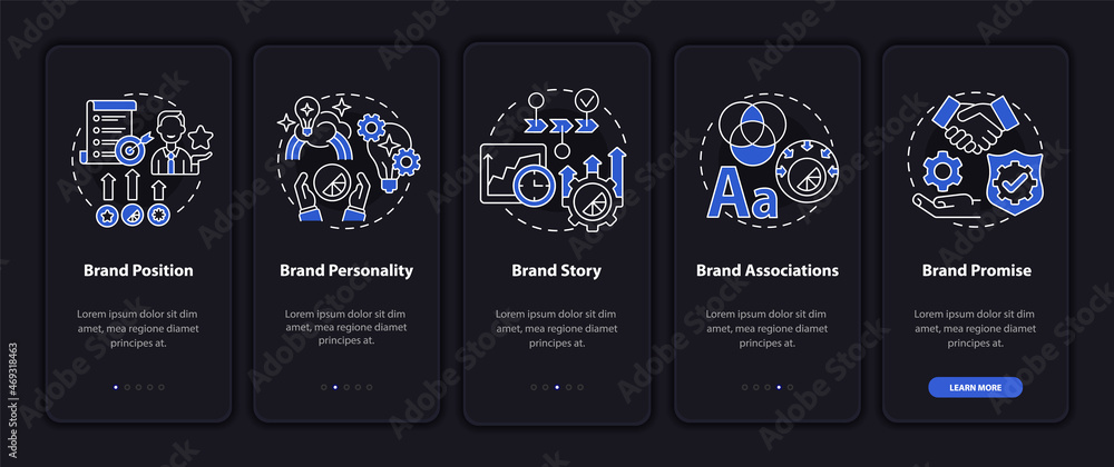 Poster key brand elements dark onboarding mobile app page screen. business value walkthrough 5 steps graphi