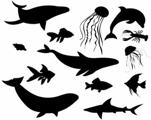 sea animals, black silhouette vector, isolated