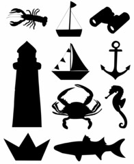 set of nautical icons, black silhouette vector, isolated