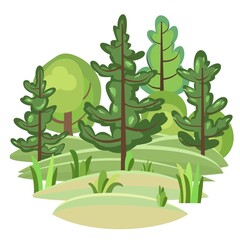 Flat forest. Round Illustration in a simple symbolic style. Funny green rural landscape. Comic design. Wild thickets. Cute scene with trees. Cartoon Vector