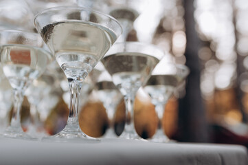 transparent glasses for drinks in the buffet area