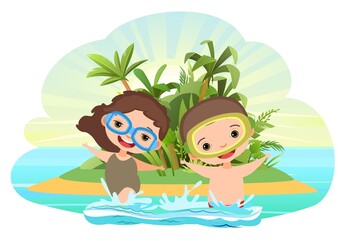 Obraz na płótnie Canvas Child beach. oy and girl in swimsuits and diver masks. Tropical palms. Island in ocean. Sandy seashore. Sea landscape. Cartoon style. Isolated on white background. Vector.
