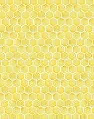 Watercolor abstract geometric pattern with honeycomb. Watercolor yellow hexagon with texture of stain, spray, splash and spot, fashion elements