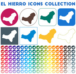 El Hierro icons collection. Bright colourful trendy map icons. Modern El Hierro badge with island map. Vector illustration.