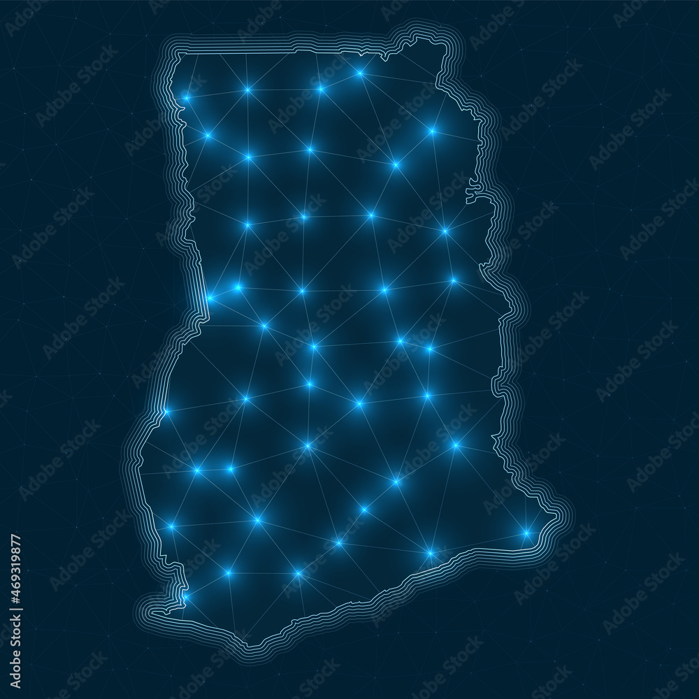 Poster ghana network map. abstract geometric map of the country. digital connections and telecommunication 