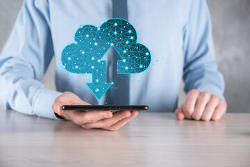 Man hold Cloud icon technology. Polygonal wireframe cloud storage sign with two arrows up and down....