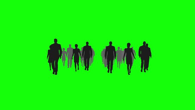 An Animation Of Silhouettes Of Business People Walking Towards Screen In Various Shades With Green Screen Background.