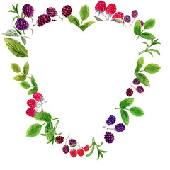 Watercolor frame with twigs, fruits and leaves of blackberries and raspberries
