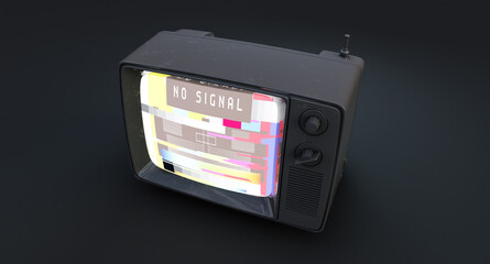 Retro vintage tv isolated on black background, 3d render of black old tv with the no signal on its, No Signal.