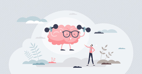 Mental toughness and psychological mind control training tiny person concept. Self control with anger management or hard determination power vector illustration. Personal development and brain growth. - obrazy, fototapety, plakaty