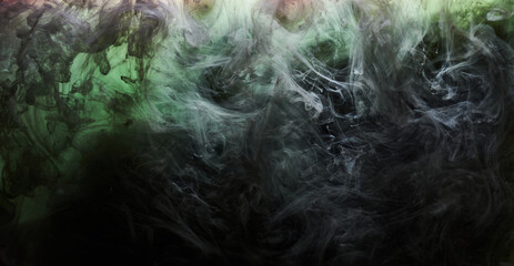 Green smoke on black ink background, colorful fog, abstract swirling emerald ocean sea, acrylic paint pigment underwater