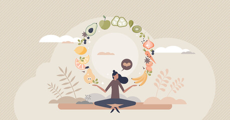 Mindful eating and daily diet with harmony and balance tiny person concept. Complete full menu with healthy vegetables and fruits for body balance and fit vector illustration. Mind wellness lifestyle. - obrazy, fototapety, plakaty