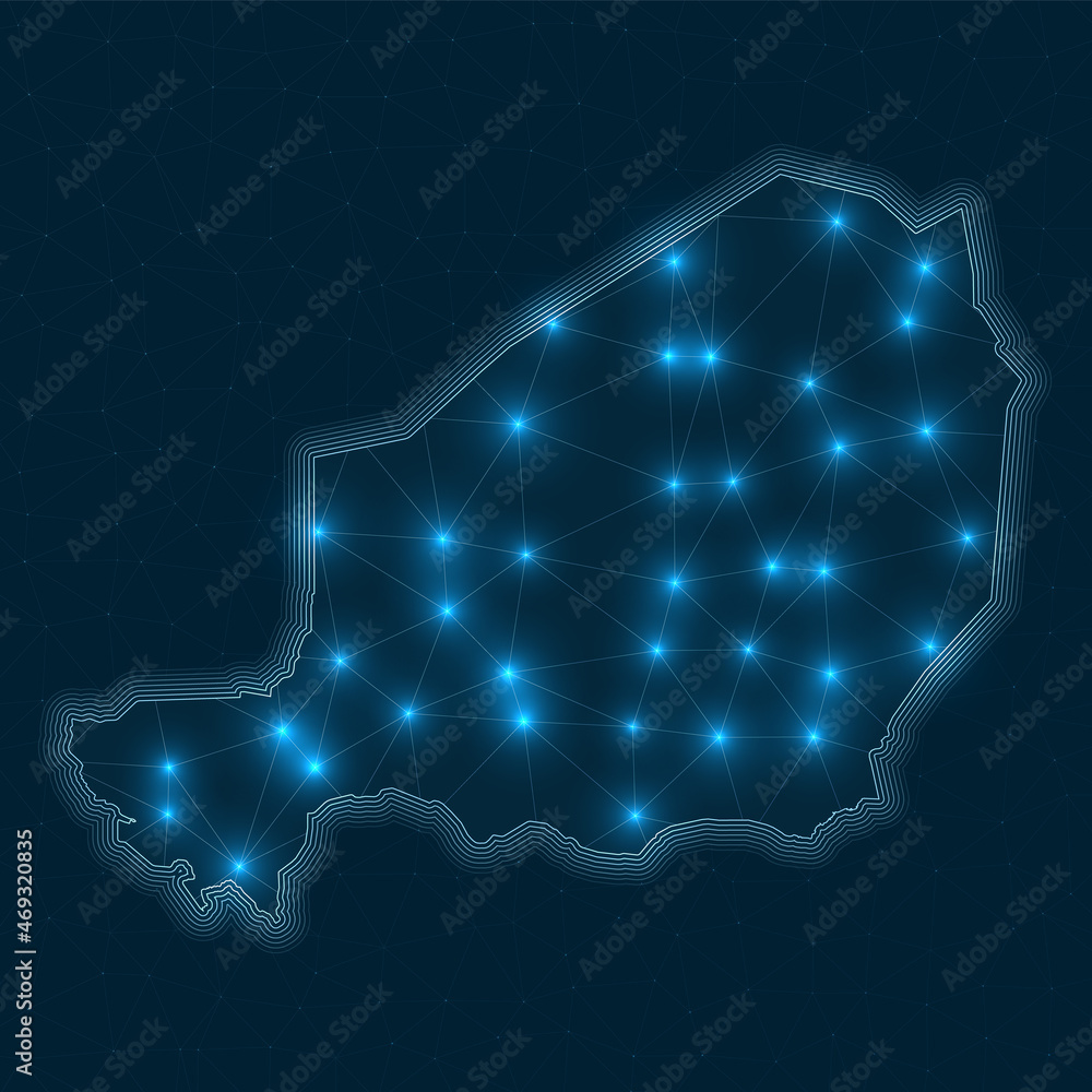Poster niger network map. abstract geometric map of the country. digital connections and telecommunication 