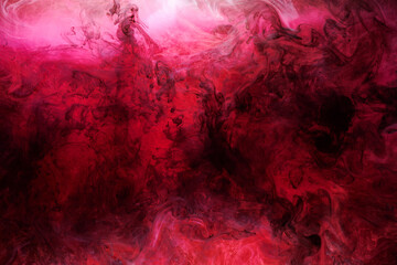 Naklejka na ściany i meble Pink smoke on black ink background, colorful fog, abstract swirling touch ocean sea, acrylic paint pigment underwater