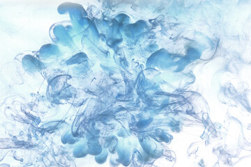 Blue smoke on white ink background, colorful fog, abstract swirling ocean sea, acrylic paint pigment underwater
