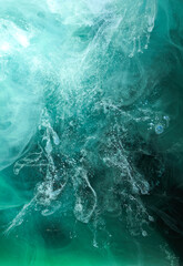 Green smoke on black ink background, colorful fog, abstract swirling emerald ocean sea, acrylic...
