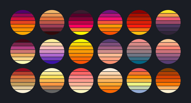 Sunset collection in retro 70s and 80s style. Vintage sunsets in different colors. Striped circles in various colors. Banner, poster and t-shirt design elements. Vector.