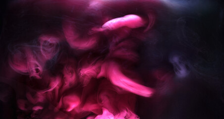 Pink smoke on black ink background, colorful fog, abstract swirling touch ocean sea, acrylic paint pigment underwater