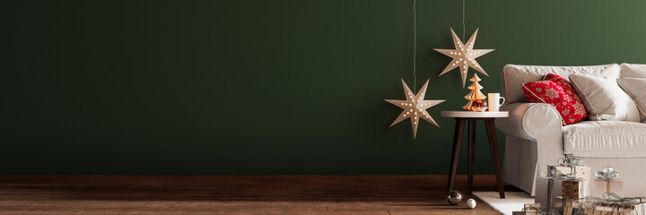 Christmas interior with Christmas decoration and empty green wall background 3D Rendering, 3D...