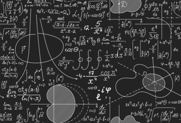 Physical vector seamless texture with formulas, calculations, figures, handwritten equations and tasks solutions, chalk writings on grey board effect