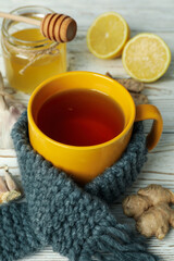Concept of treatment colds with honey and garlic, close up