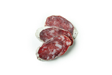 Slicing sausage salami isolated on white background