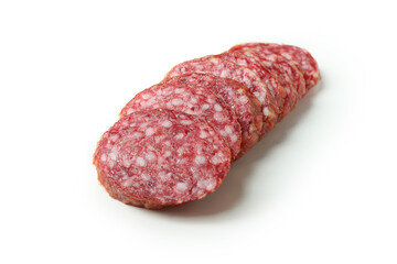 Slicing sausage salami isolated on white background