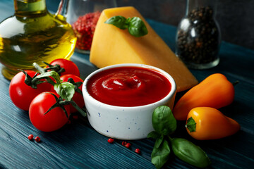 Ingredients for cooking pizza on wooden table