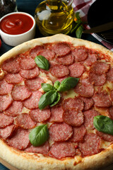 Concept of tasty food with Salami pizza, close up