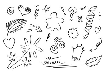 leaves, hearts, abstract, ribbons, arrows and other elements in hand drawn styles for concept designs. Doodle illustration. Vector template for decoration