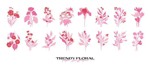 Set of pink floral elements. Flower and green leaves.Modern trendy Matisse minimal style.  Floral poster, invite. Vector arrangements for greeting card or invitation design