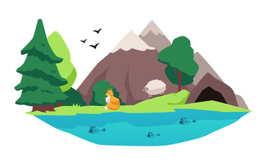 Fox and sheep forest animals in native habitat, vector illustration isolated.