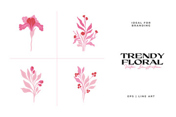 Obraz premium Set of pink floral elements. Flower and green leaves.Modern trendy Matisse minimal style. Floral poster, invite. Vector arrangements for greeting card or invitation design