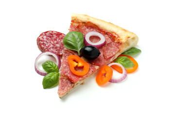 Slice of Salami pizza isolated on white background
