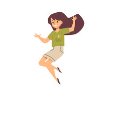 Cheerful girl cartoon character jumping, flat vector illustration isolated.