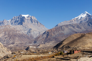 Yakwakang and Khatungkang mountains. Thorung La Pass. View from the village of Kagbeni. Mustang District, Nepal