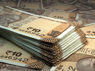 Indian money. Indian rupee banknotes. 10 INR rupees bills.