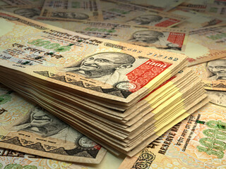 Indian money. Indian rupee banknotes. 1000 INR rupees bills.