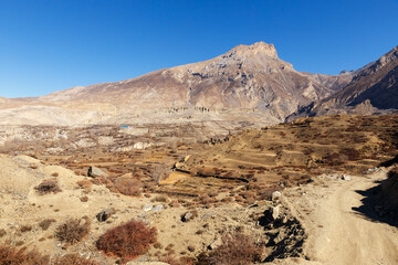 Fototapeta na wymiar View of the Jhong Khola Valley, Dajong Paldip. Mustang District, Nepal. Himalayas